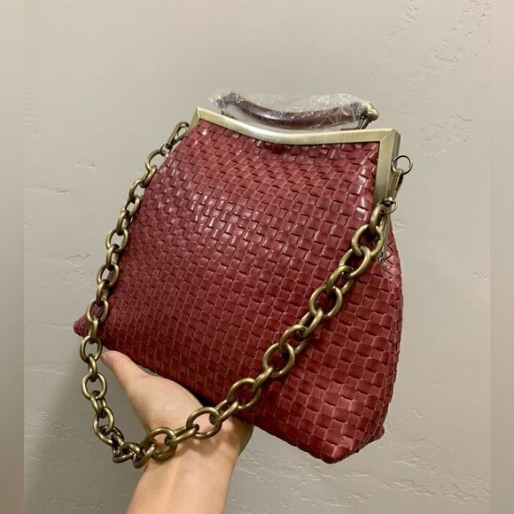 Handmade Genuine Woven Leather Double Kisslock Top Handle Bag & 2 Straps Style - Picture 11 of 16